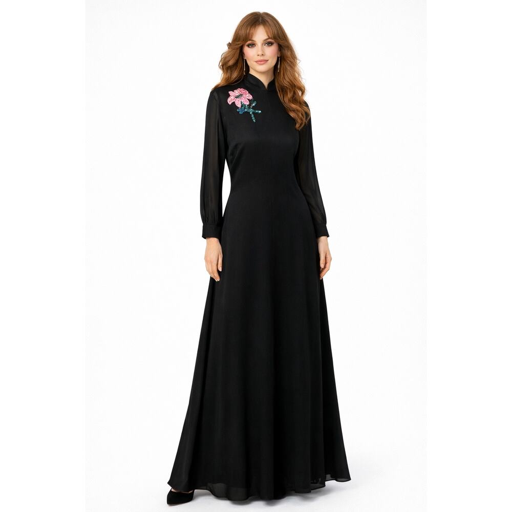 Vintage 70's Maxi Black Maxi Dress Sequin Flower S Retro LBD Event Party Formal
